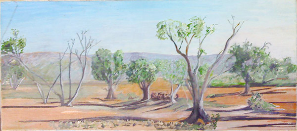 acrylic painting representing an Aboriginal meeting in the Todd river, Alice springs, 20x45 cm.
