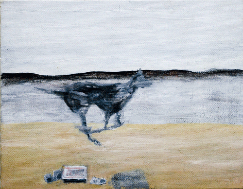 small acrylic painting of a dog running on the beach at Double-bay, Sydney. 
